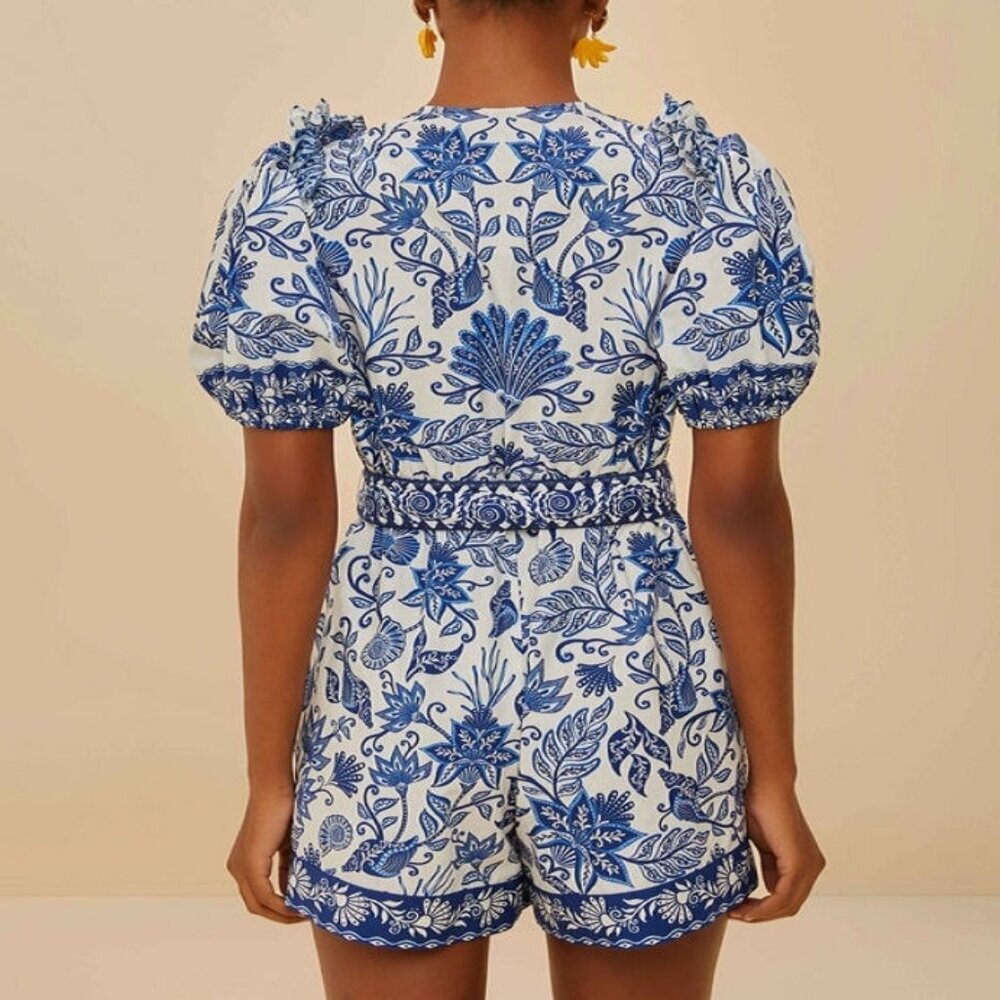 Farm Rio Off-White Shell Garden Organic Cotton Romper Women's Size XL Blue - Picture 2 of 4